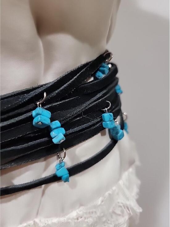 Suede leather Strained  Southwestern Style Turquoise-colored beads attached Belt main image 5